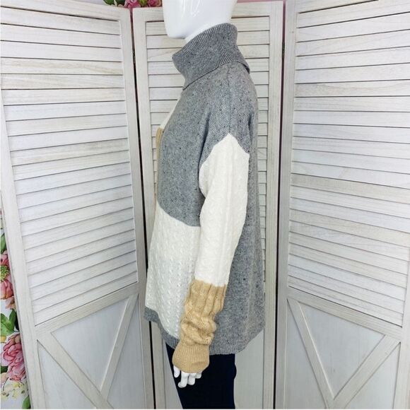 Versona Multi Pattern Color Block Turtleneck Sweater Gray Tan Large - Picture 2 of 11